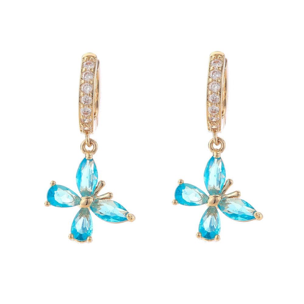 Gold-Tone Sky Blue Crystal Butterfly Dangle Huggie Earrings