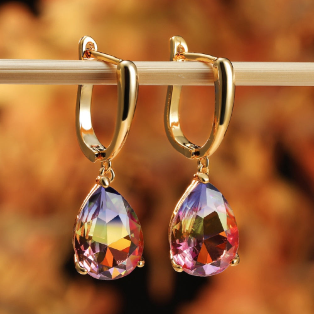 Gold-Tone Rainbow Gradient Pear Crystal Drop Earrings
