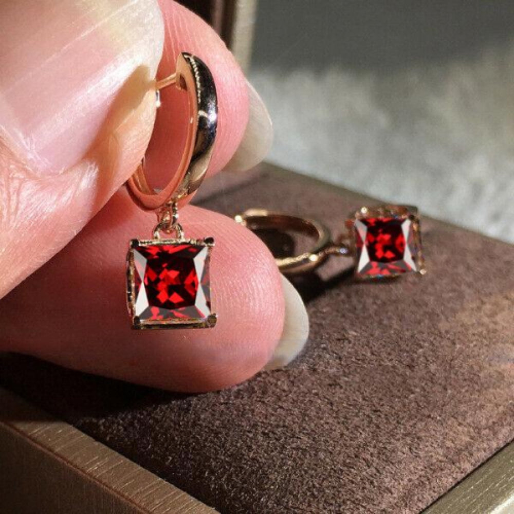 Rose Gold-Tone Red Princess-Cut Crystal Huggie Drop Earrings