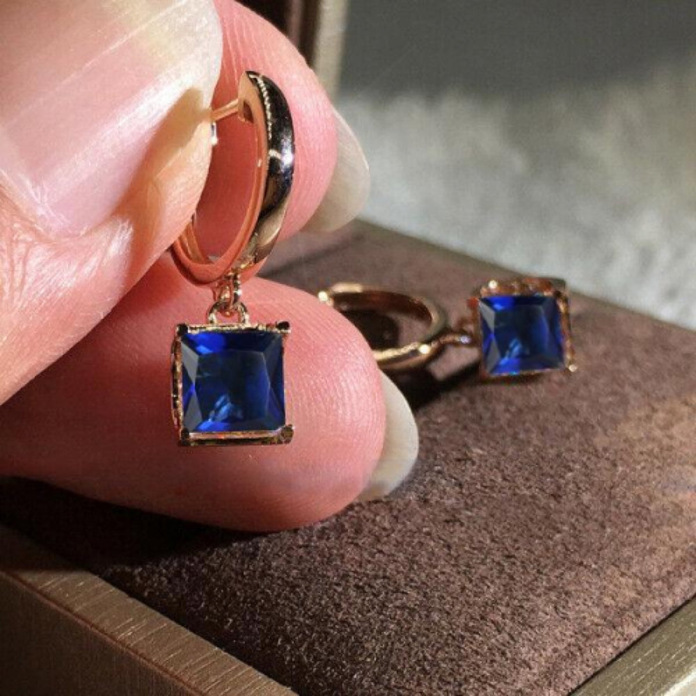 Rose Gold-Tone Sapphire-Blue Square Crystal Huggie Drop Earrings
