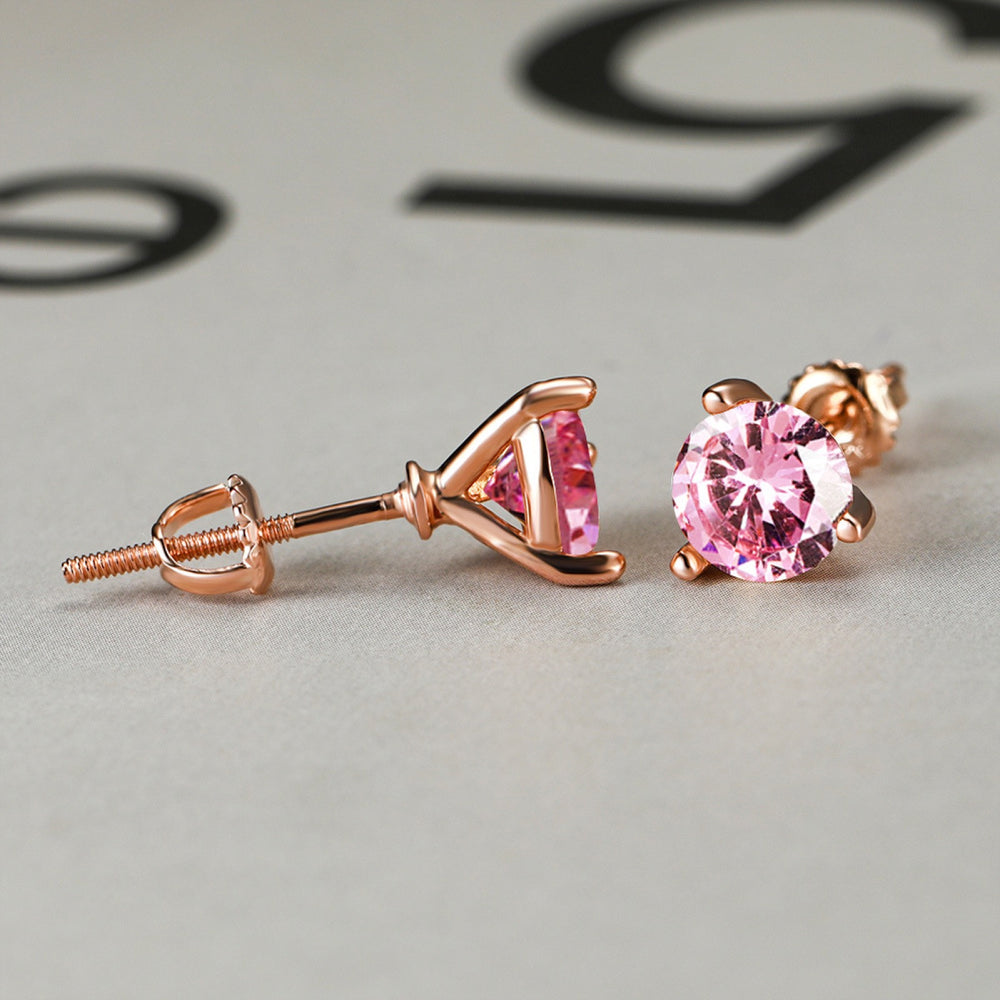 Rose Gold-Tone Pink Round Crystal Three-Prong Stud Earrings