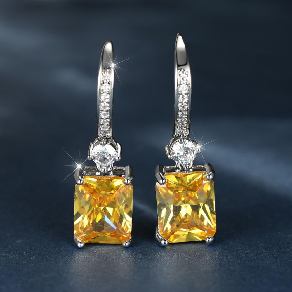 Silver-Tone Yellow Square Crystal Drop Earrings With CZ Accents