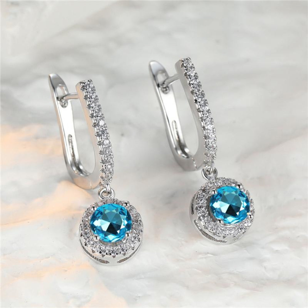 Silver-Tone Aqua-Blue Crystal Round Halo Drop Earrings