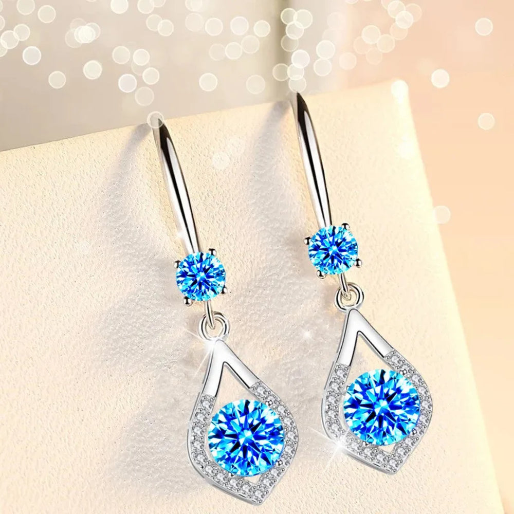Silver-Tone Aqua Blue Crystal Teardrop Dangle Drop Earrings