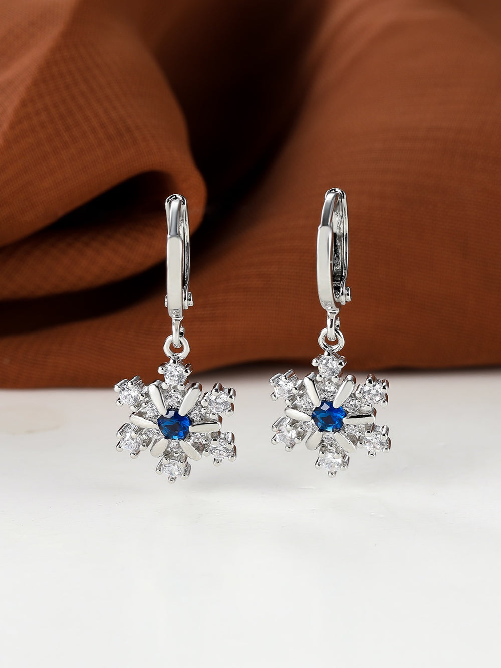 Silver-Tone Royal Blue Crystal Snowflake Drop Earrings