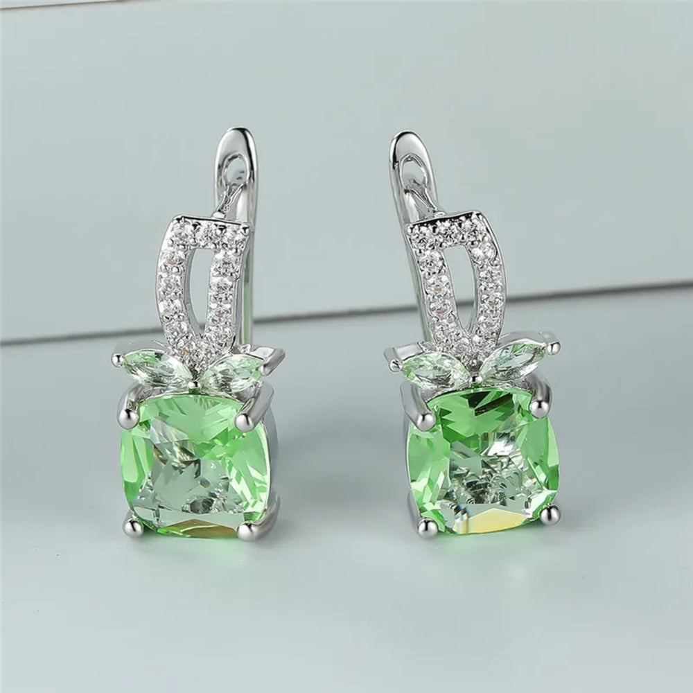 Silver-Tone Apple-Green Cushion Crystal Leaf Accent Huggie Earrings