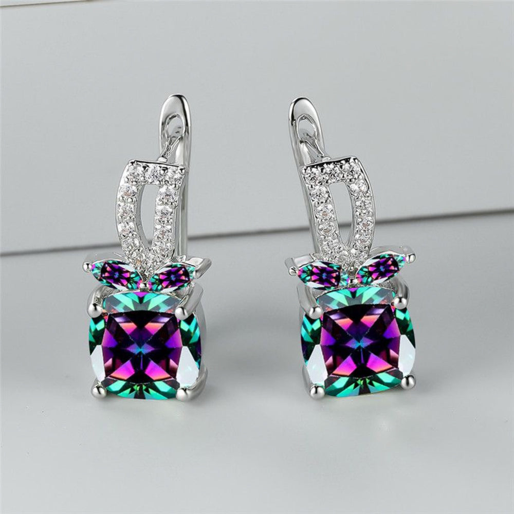 Silver-Tone Mystic Rainbow Crystal Fruit-Motif Huggie Earrings