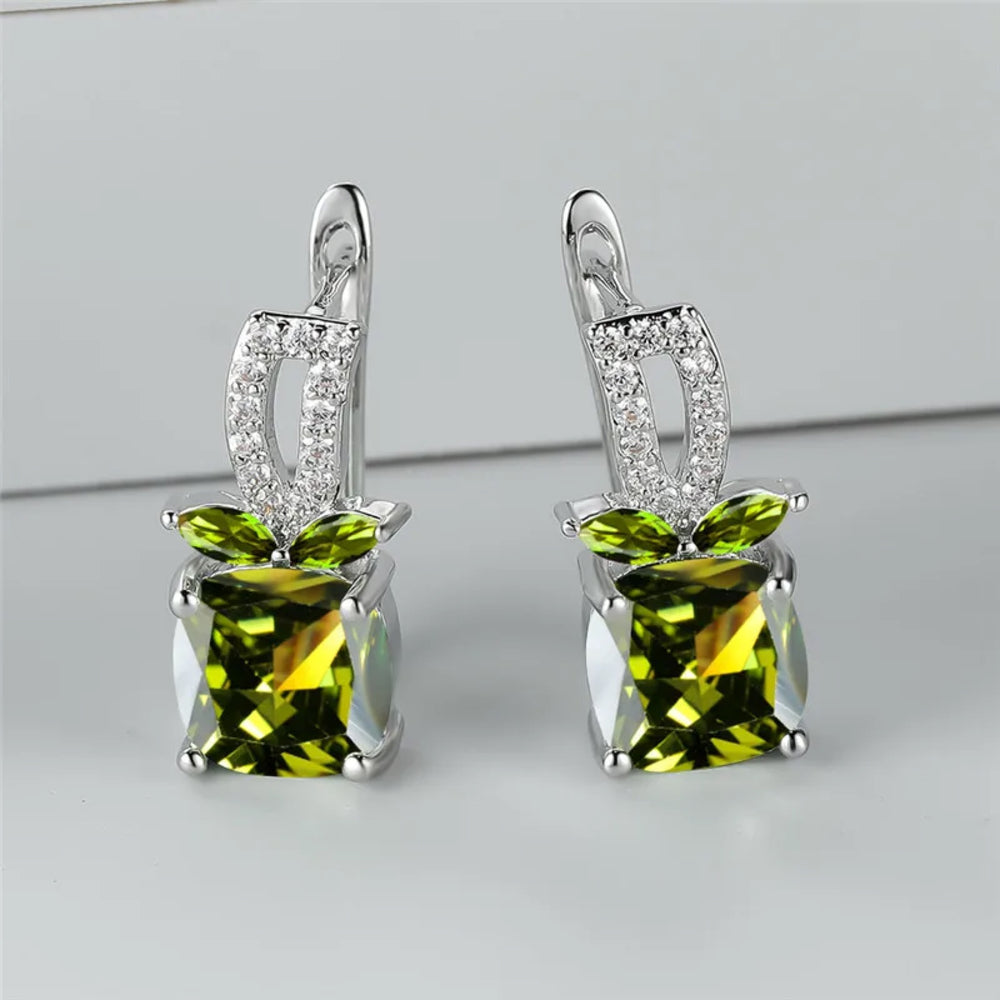 Silver-Tone Olive Green Crystal Fruit Huggie Earrings