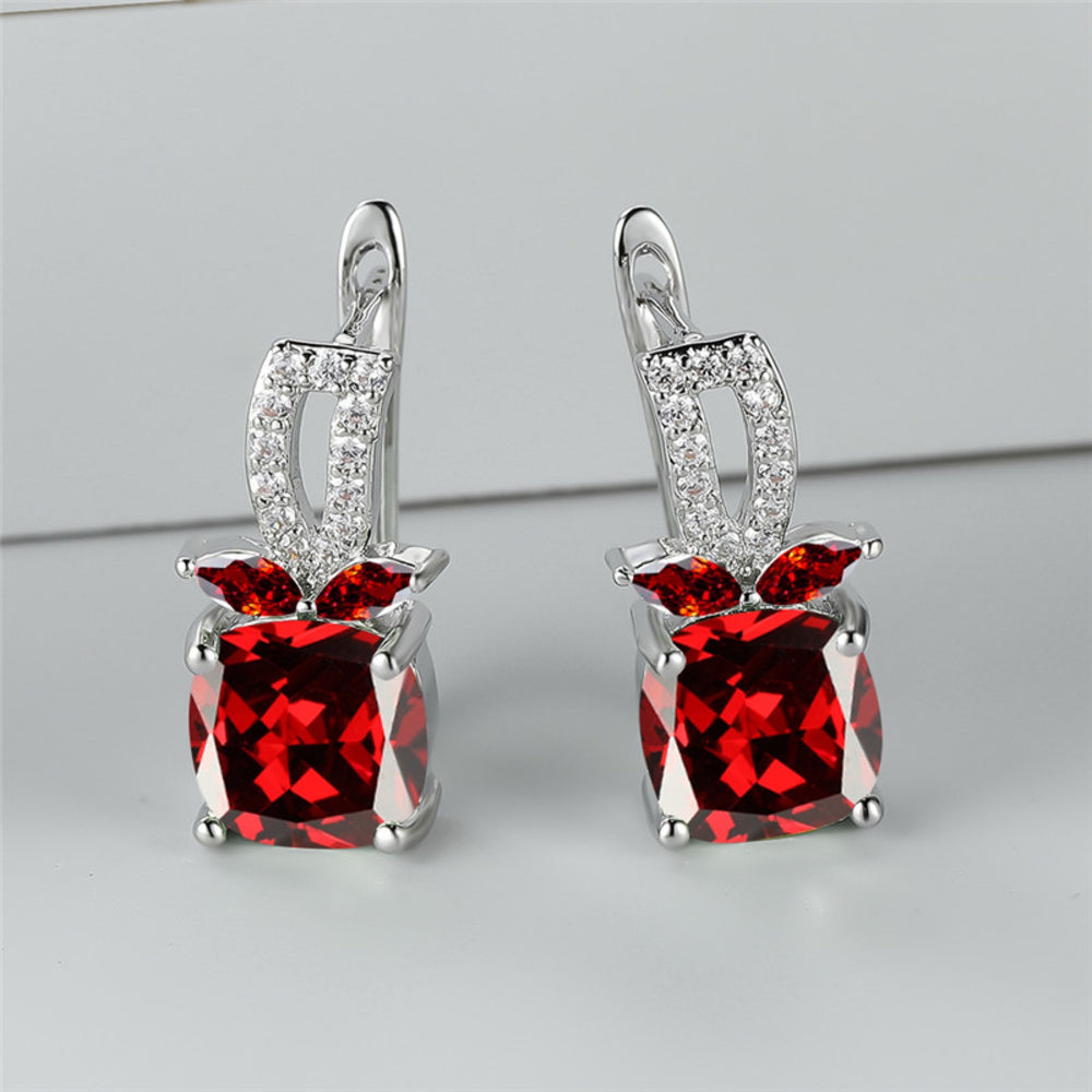 Silver-Tone Red Cushion Crystal Fruit Motif Huggie Earrings
