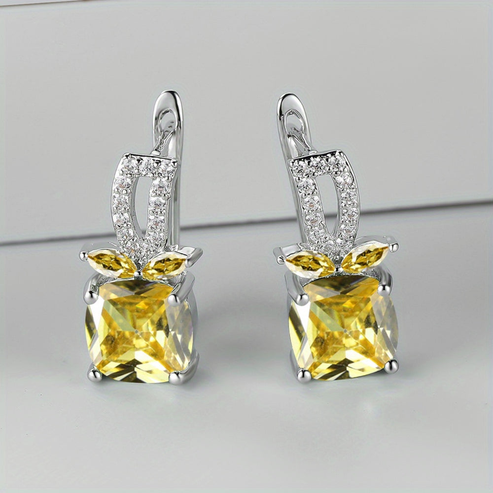 Silver-Tone Yellow Cushion Crystal Fruit Huggie Earrings