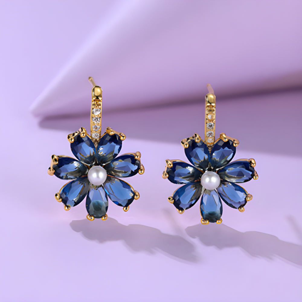 Gold-Tone Sapphire-Blue Crystal Flower Simulated Pearl Drop Earrings