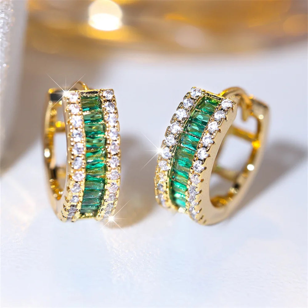 Gold-Tone Green Baguette CZ Triple-Row Huggie Hoop Earrings
