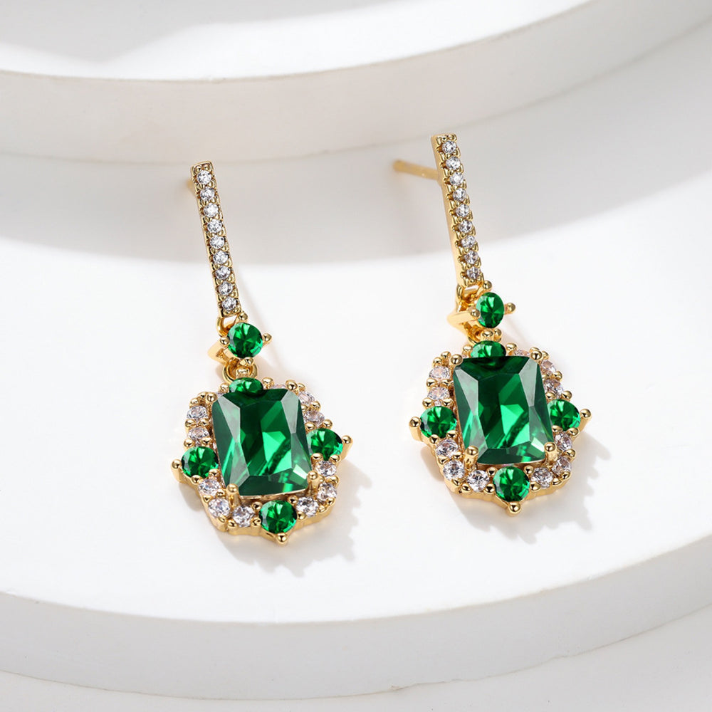 Gold-Tone Rectangular Emerald-Green Crystal Halo Drop Earrings