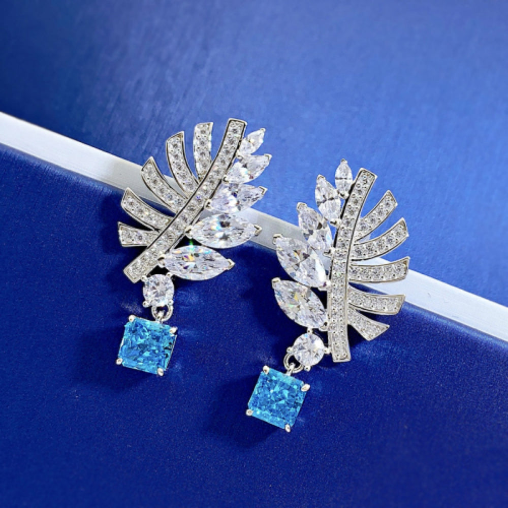 Silver-Tone Crystal Feather Aqua Blue Square Drop Earrings
