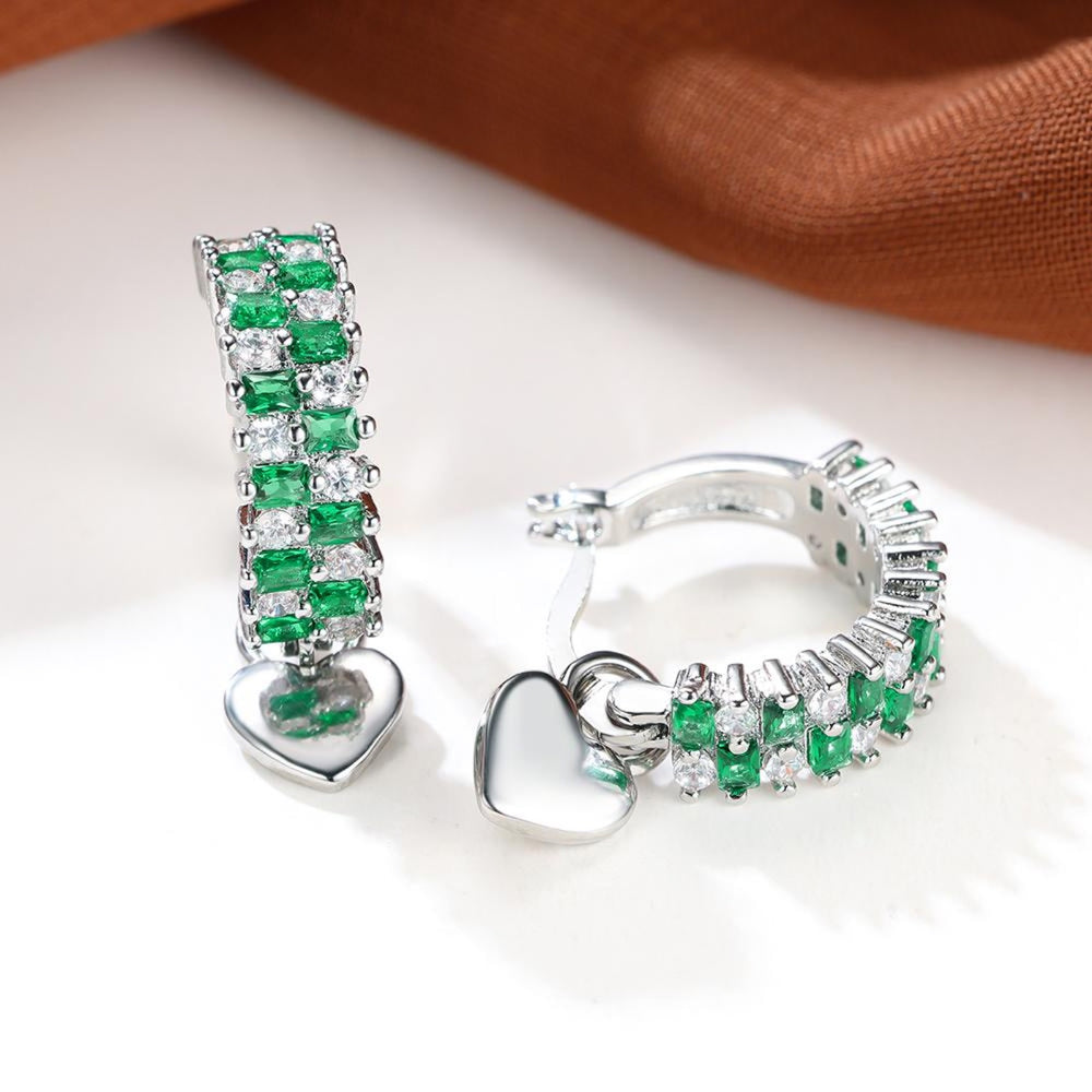 Silver-Tone Green & White Crystal Huggie Hoops With Heart Charm