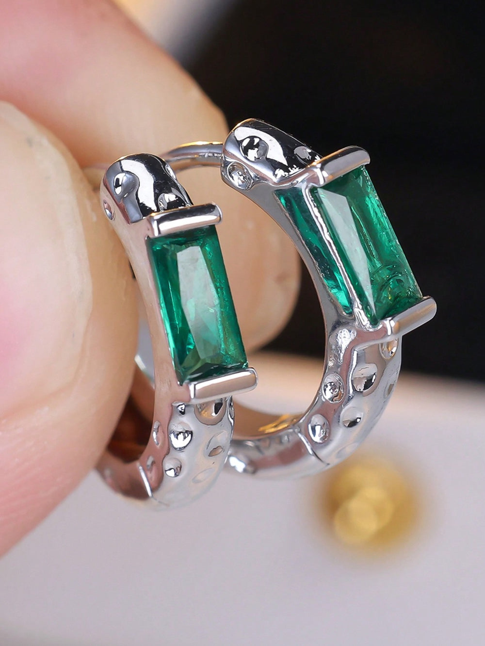 Silver-Tone Emerald-Green Baguette Crystal Hammered Huggie Earrings