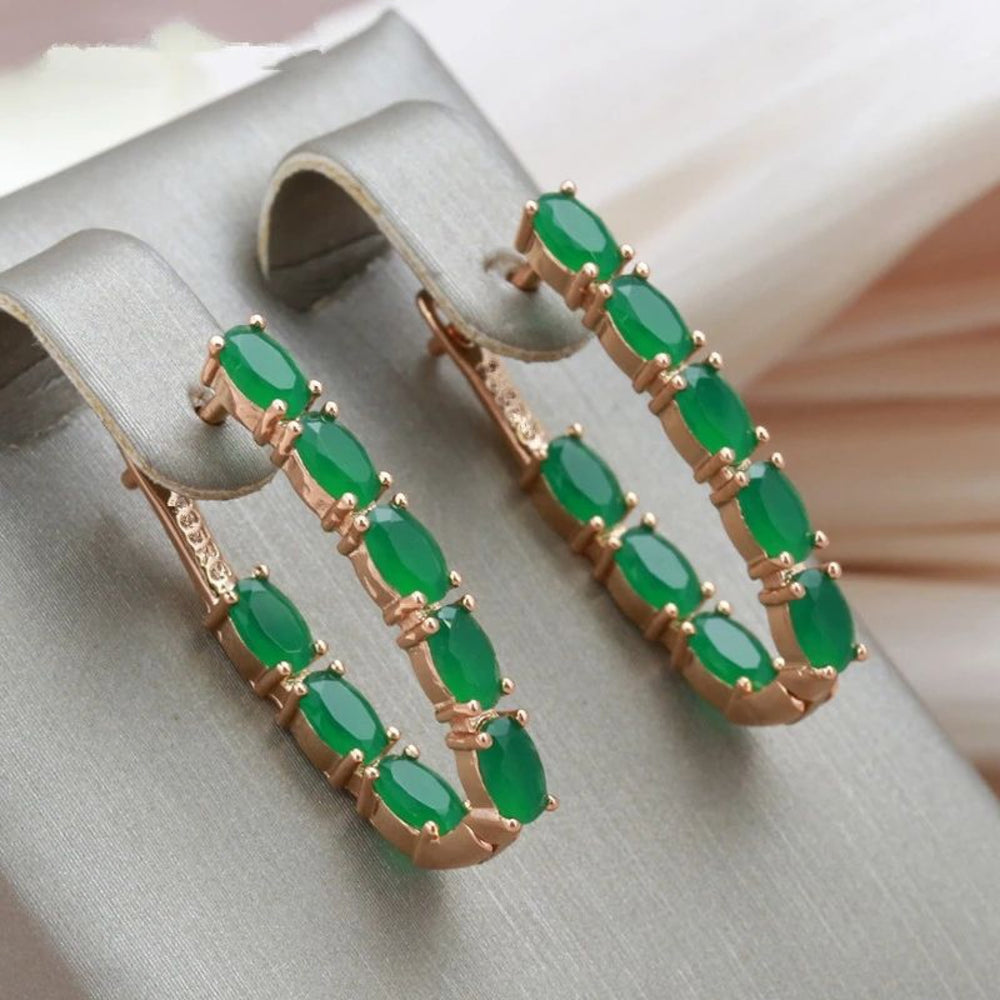 Champagne Gold-Tone Jade-Green Oval Crystal V-Hoop Earrings