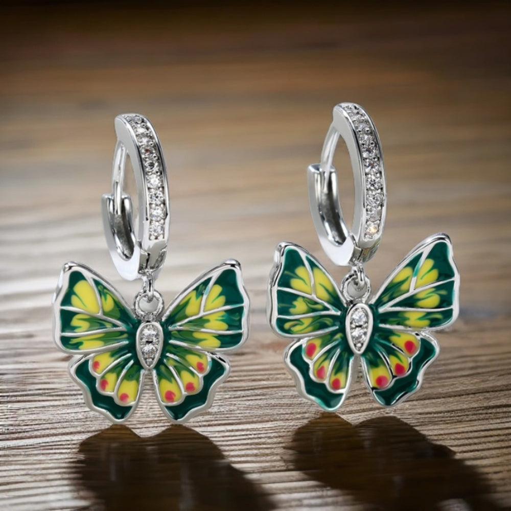 Silver-Tone Green & Yellow Enamel Butterfly Huggie Earrings