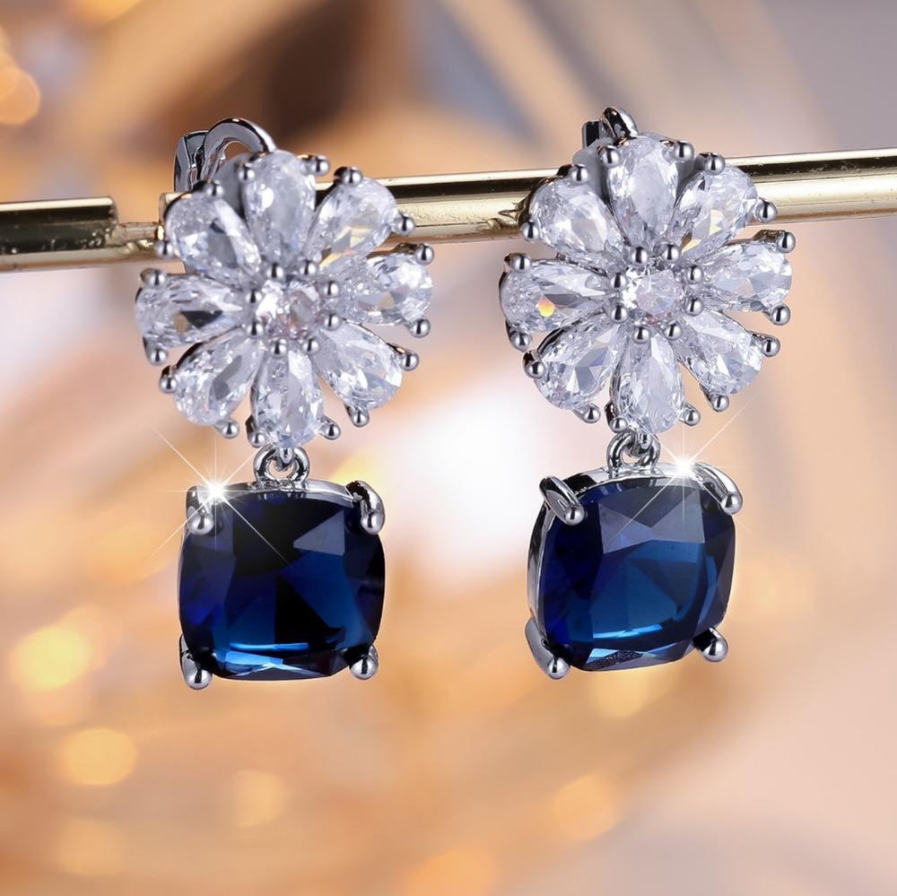 Silver-Tone White Crystal Flower Royal Blue Square Drop Earrings