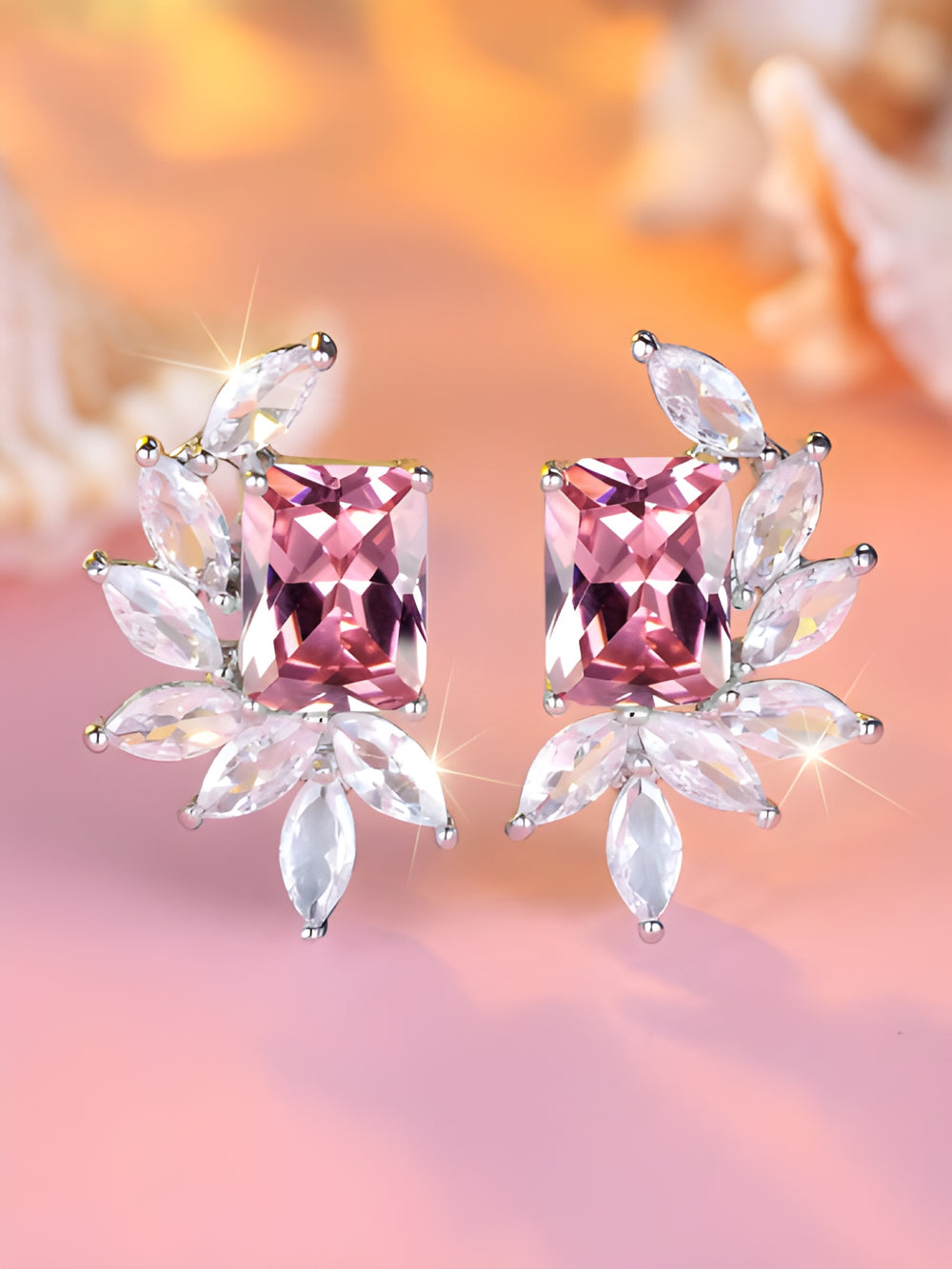 Silver-Tone Pink Rectangular Crystal Marquise Leaf Stud Earrings