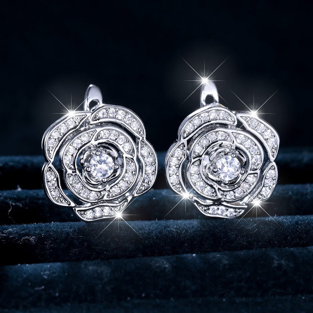 Silver-Tone All-Over White Crystal Flower Drop Earrings