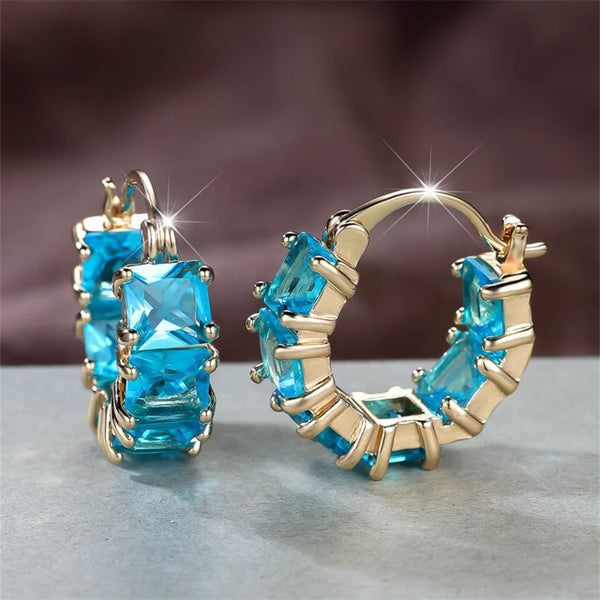 Champagne Gold-Tone Aqua-Blue Square Crystal Hoop Earrings