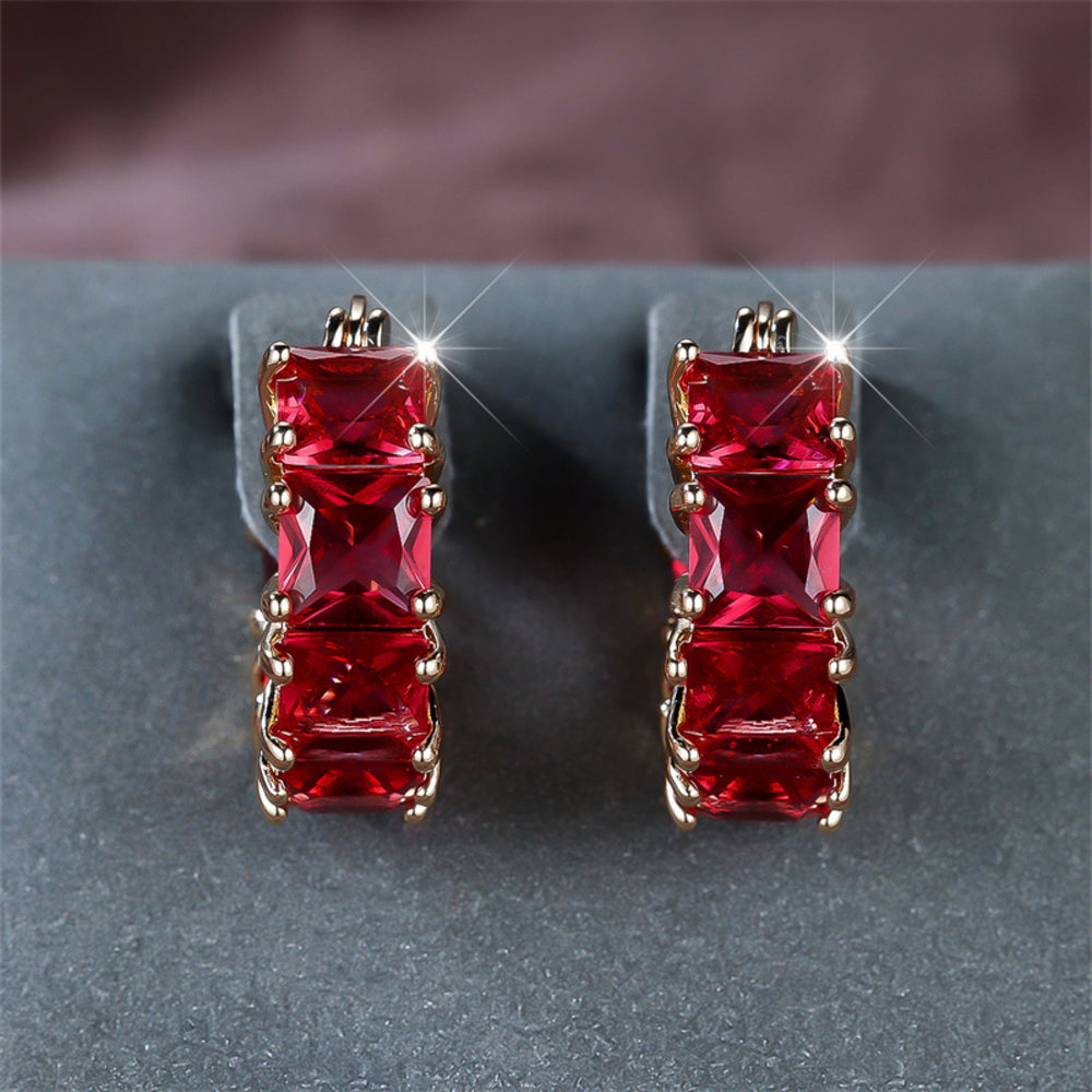 Champagne Gold-Tone Rose Red Square Crystal Huggie Hoop Earrings