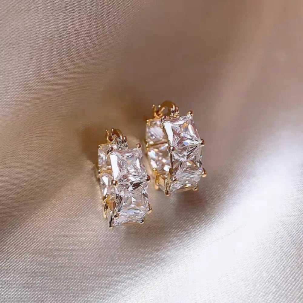 Gold-Tone Square White Crystal Chunky Huggie Hoop Earrings