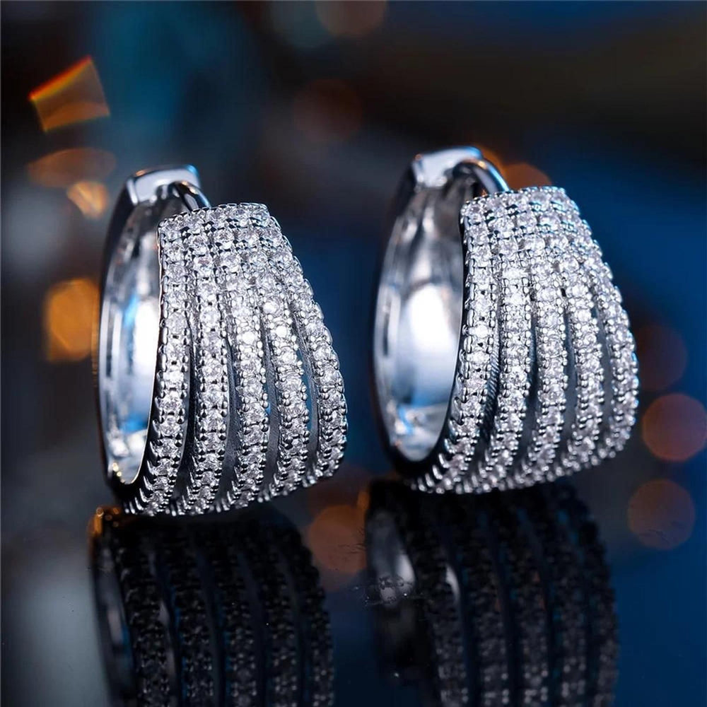 Silver-Tone White Round Crystal Huggie Earrings