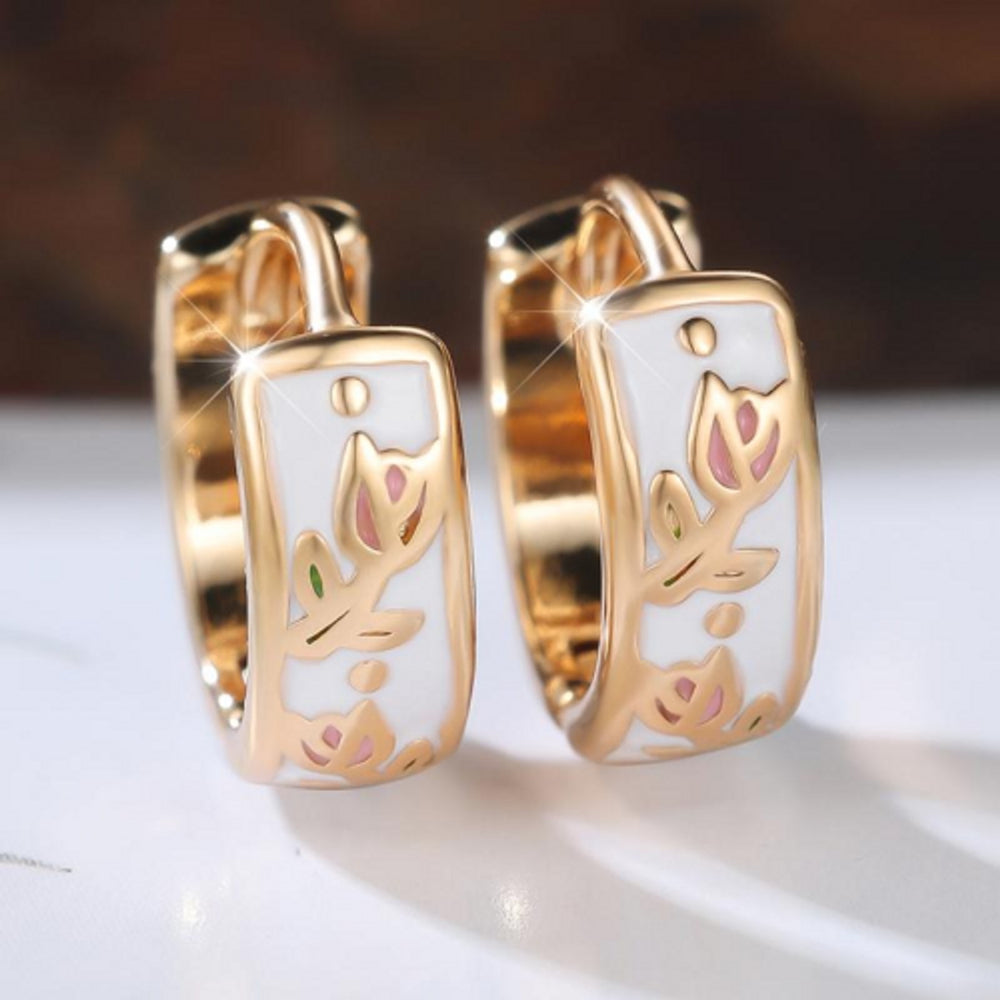 Gold-Tone White Crystal Flower Huggie Earrings