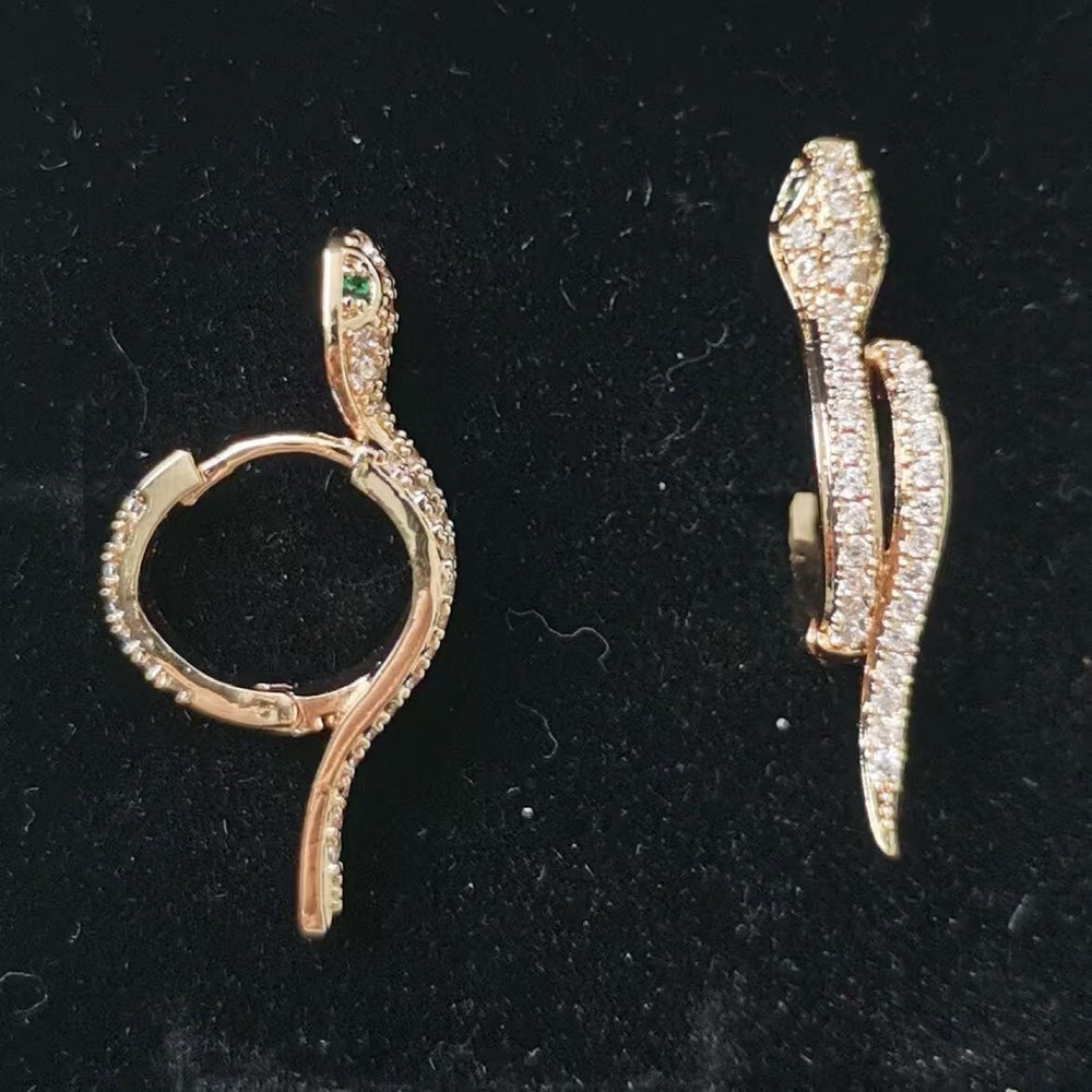 Gold-Tone White Crystal Snake Wrap Huggie Hoop Earrings