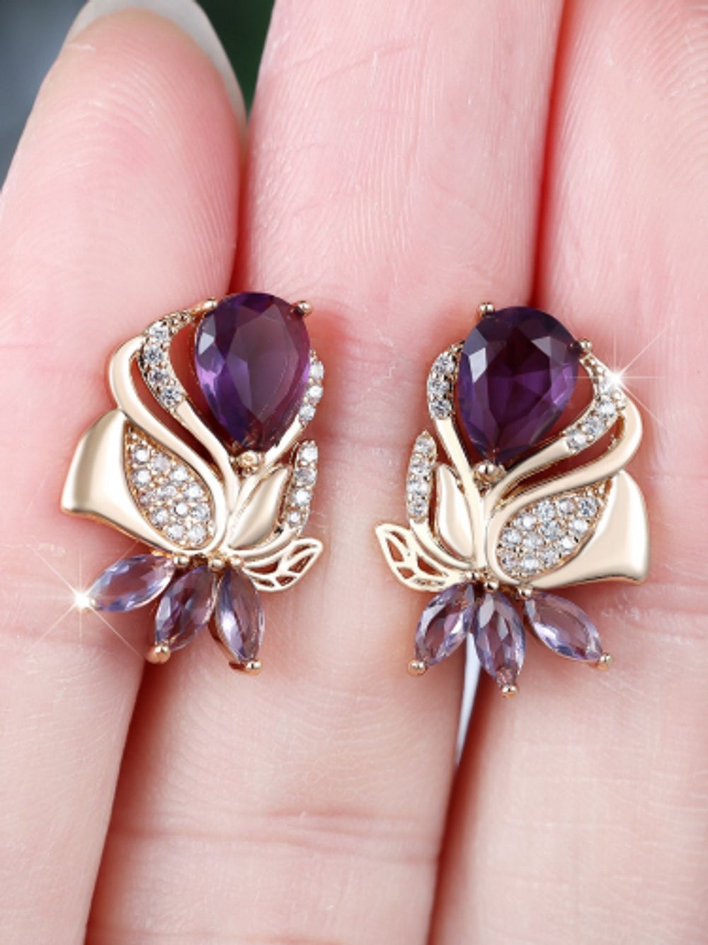 Champagne Gold-Tone Purple Teardrop Crystal Leaf Drop Earrings