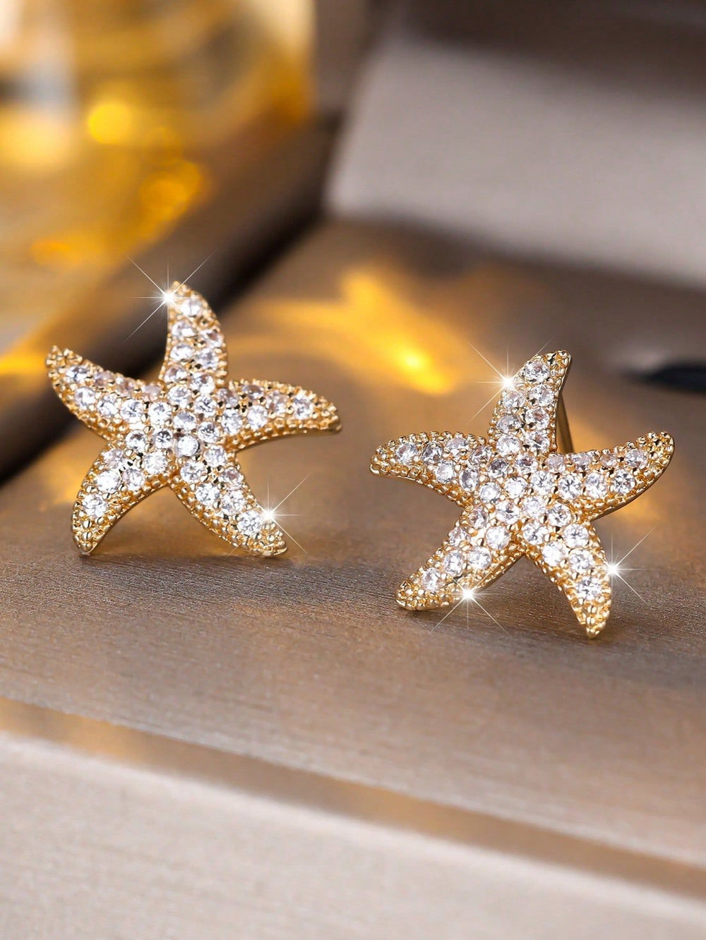 Gold-Tone Micro-Set White Crystal Starfish Stud Earrings