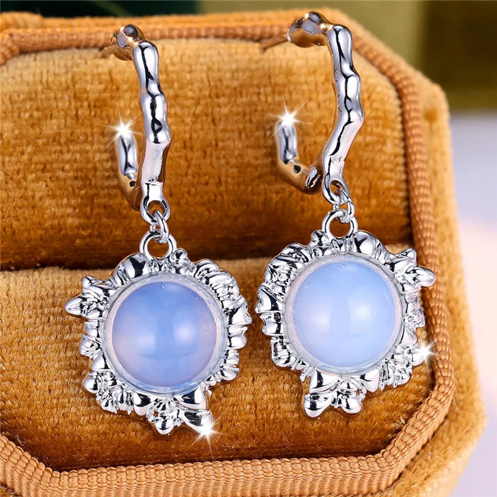 Silver-Tone Hip-Hop Style White Round Simulated Opal Drop Earrings