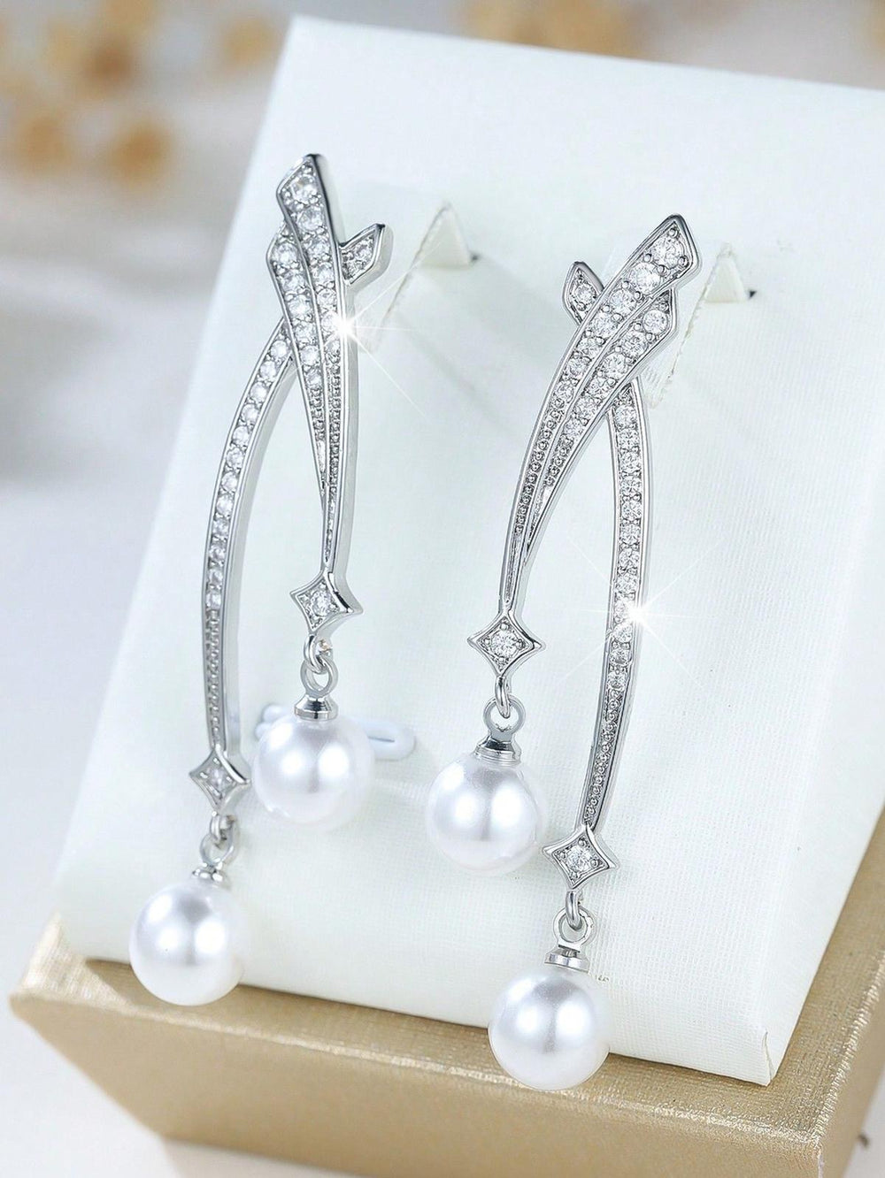 Silver-Tone White Round Crystal Drop Earrings