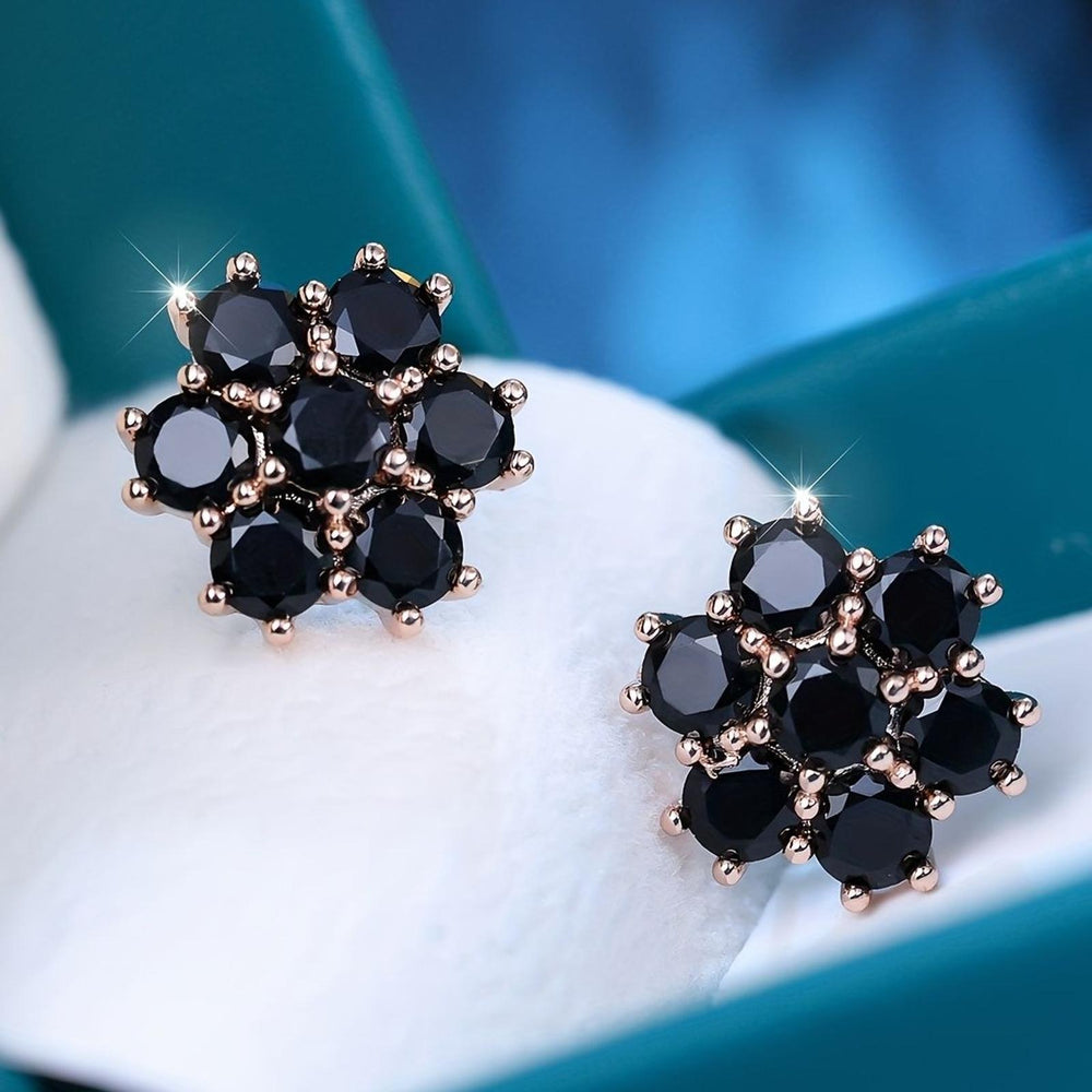 Rose Gold-Tone Pave Black Round Crystal Flower Stud Earrings