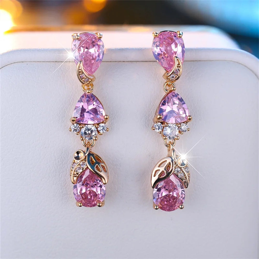 Gold-Tone Haloed Pink Teardrop Crystal Tassel Drop Earrings