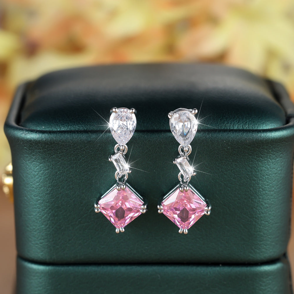 Silver-Tone White Teardrop & Pink Princess-Cut Crystal Drop Earrings