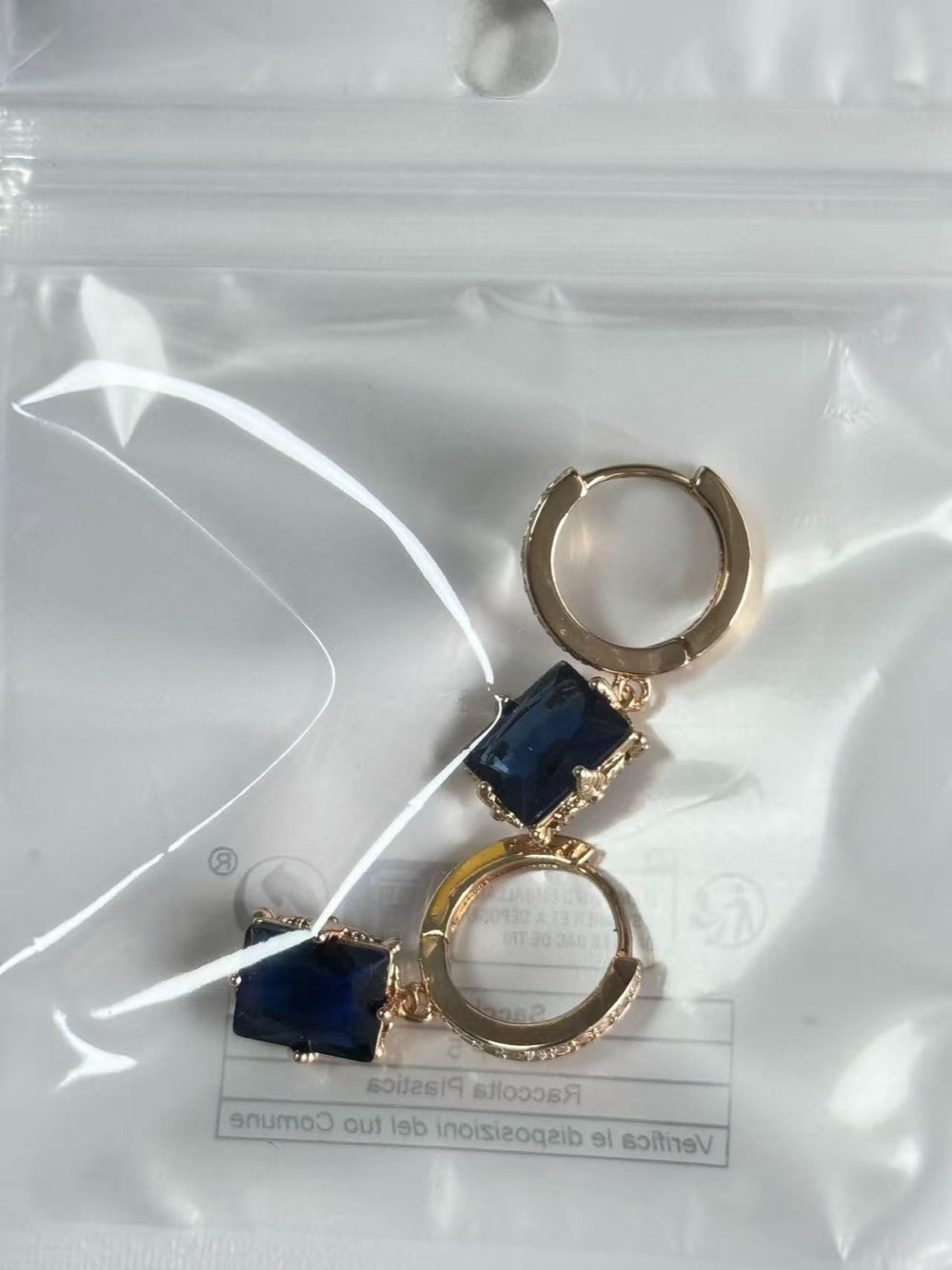 Gold-Tone Royal Blue Glass Emerald-Cut Huggie Drop Earrings
