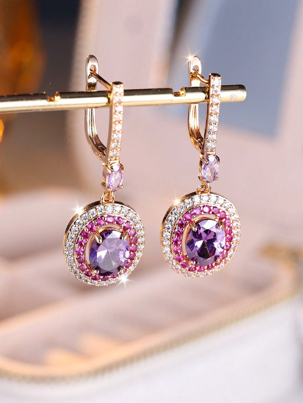 Champagne Gold-Tone Haloed Purple Crystal Egg-Shape Drop Earrings