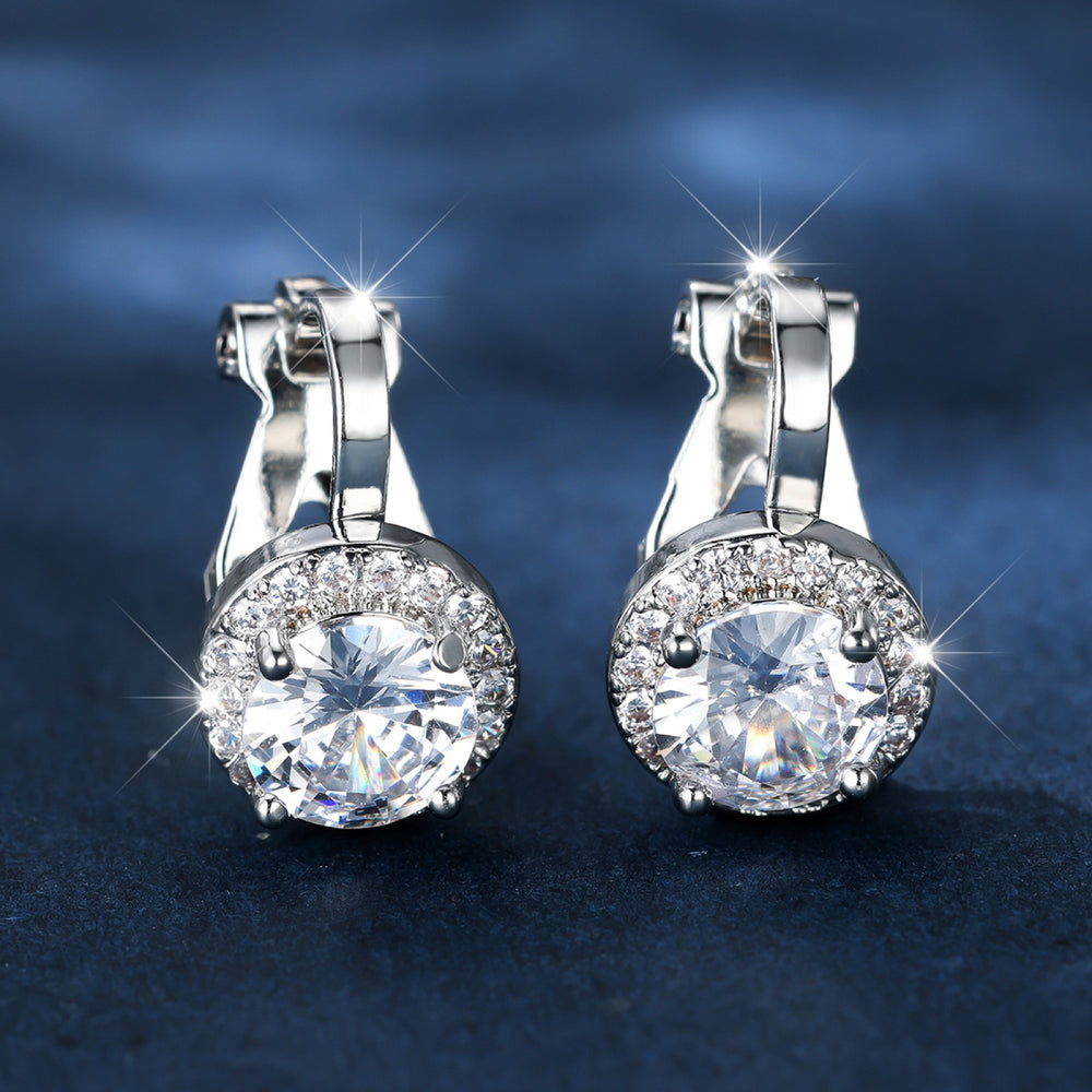Silver-Tone White Crystal Round Halo Clip-On Stud Earrings