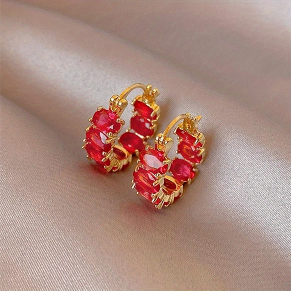 Gold-Tone Oval Red Glass Stone Huggie Hoop Earrings