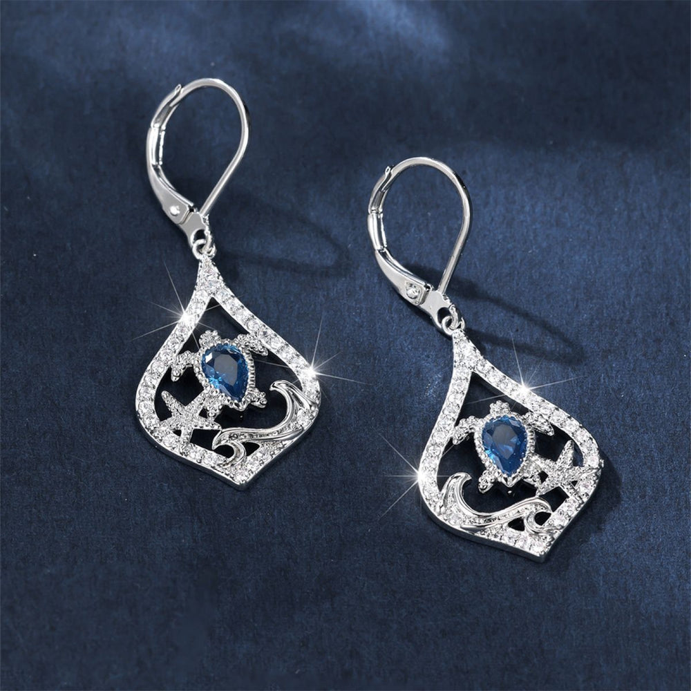 Silver-Tone Blue Crystal Sea Turtle Starfish Wave Drop Earrings