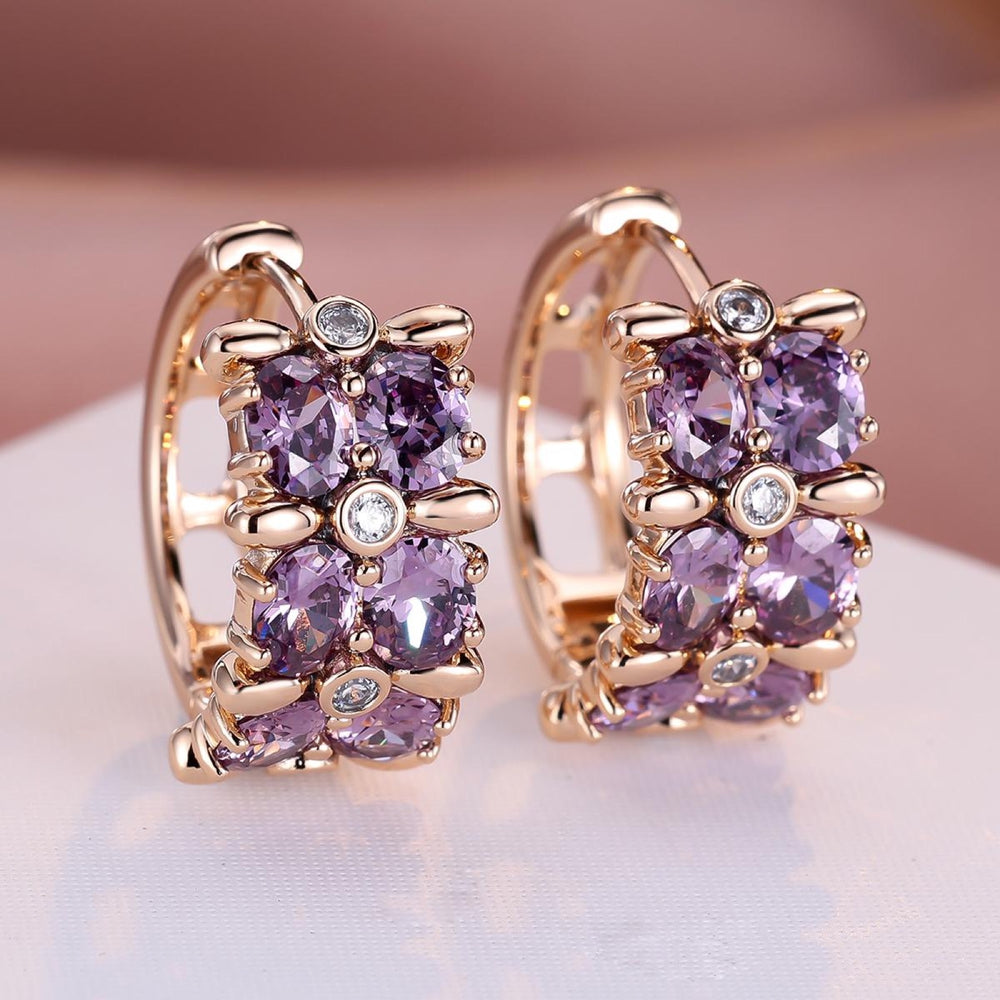 Champagne Gold-Tone Purple Oval Crystal Double Row Huggie Earrings