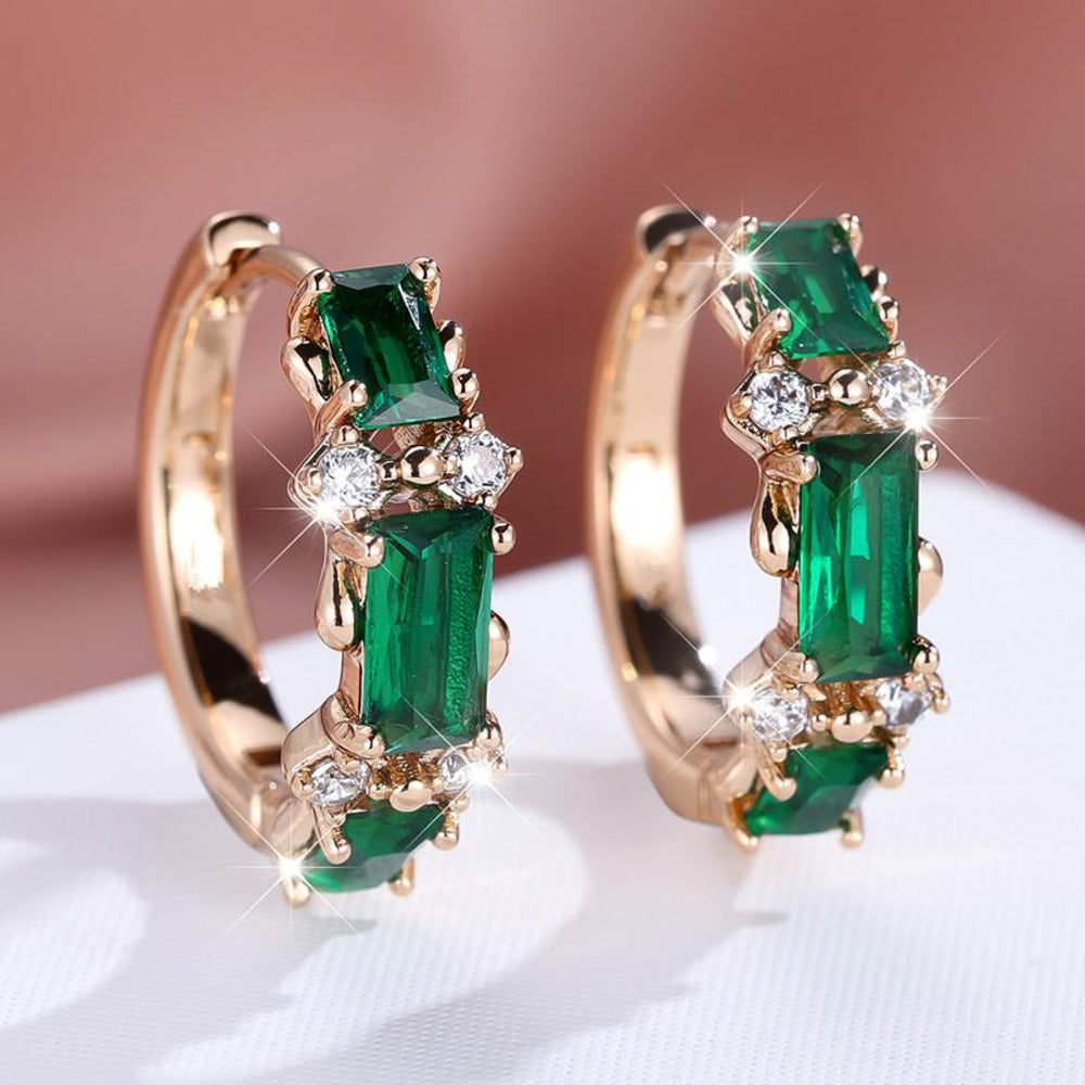 Champagne Gold-Tone Emerald Green Baguette Crystal Huggie Earrings
