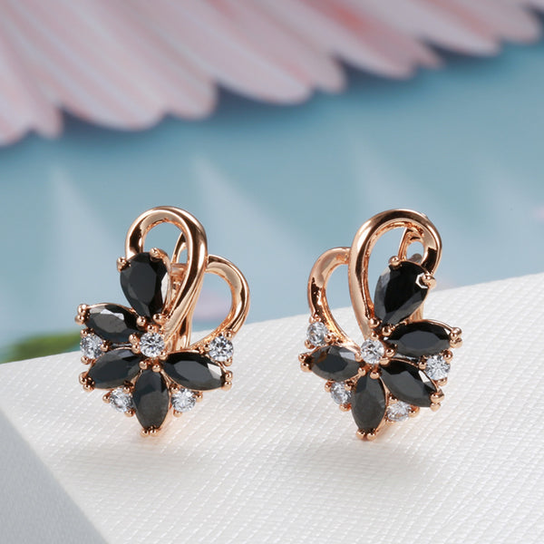 Champagne Gold-Tone Black Marquise Petal Fan Huggie Earrings