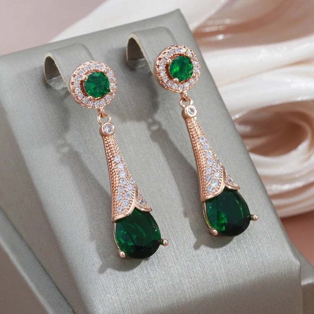 Champagne Gold-Tone Emerald-Green Crystal Teardrop Drop Earrings