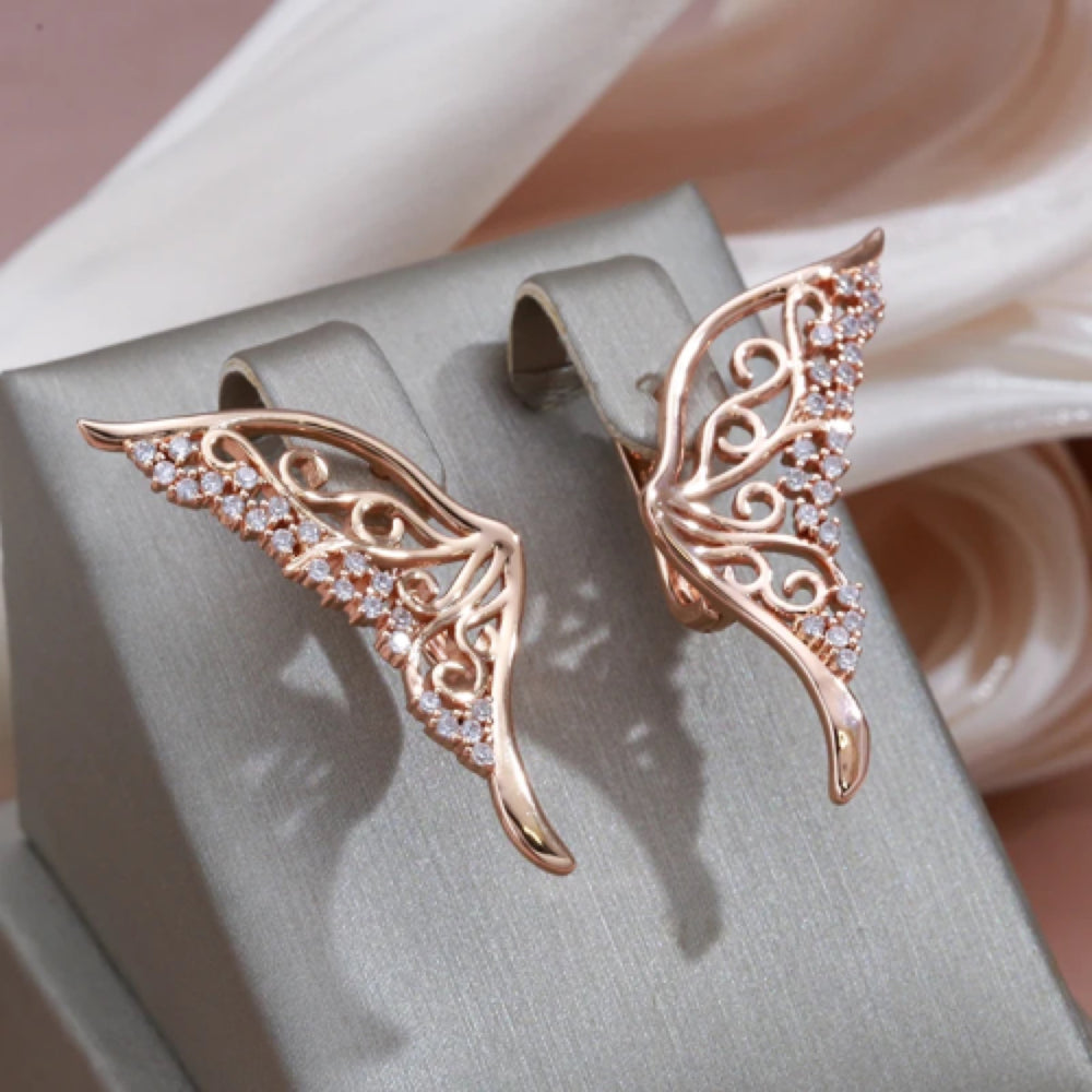 Champagne Gold-Tone White Crystal Filigree Butterfly Wing Climber Earrings