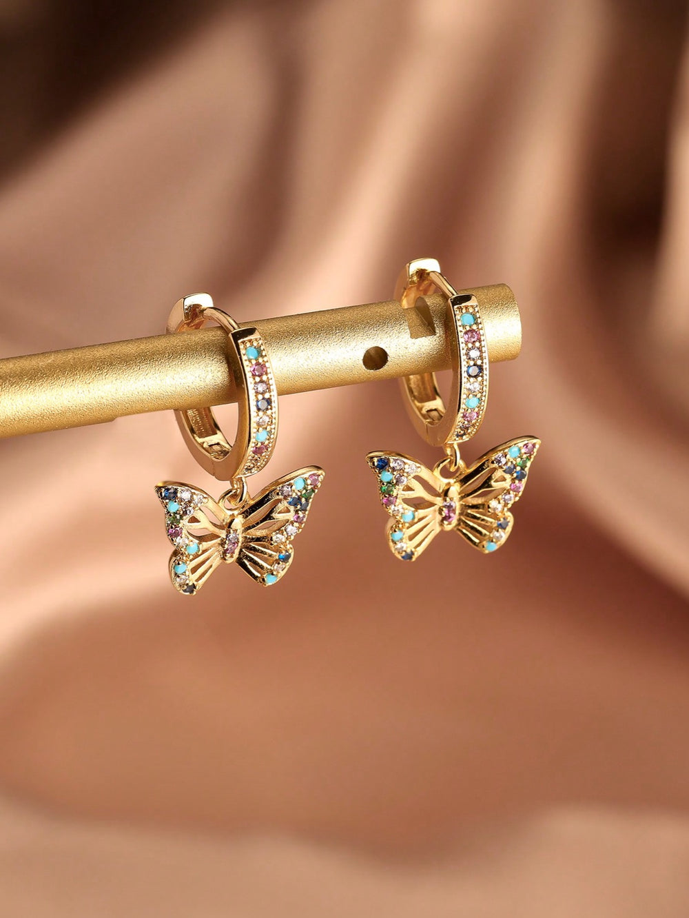 Gold-Tone Multicolor Crystal Butterfly Charm Huggie Hoop Earrings
