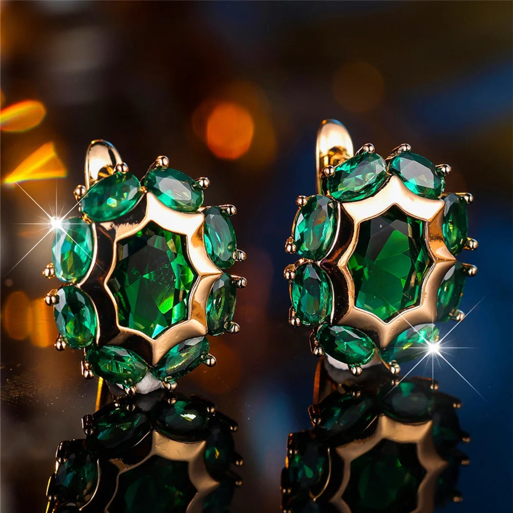 Champagne Gold-Tone Emerald Green Oval Crystal Halo Huggie Earrings